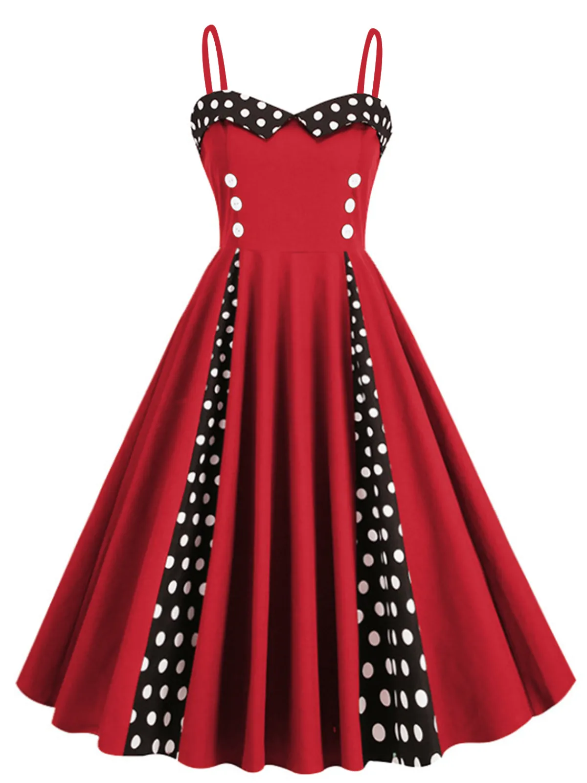 Clearance Retro Stage 1950s Polka Dot Contrast Spaghetti Strap Dress Red
