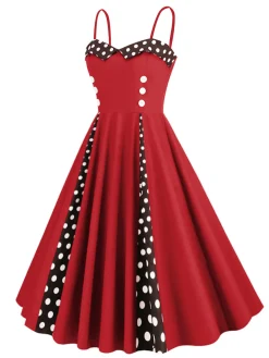 Clearance Retro Stage 1950s Polka Dot Contrast Spaghetti Strap Dress Red