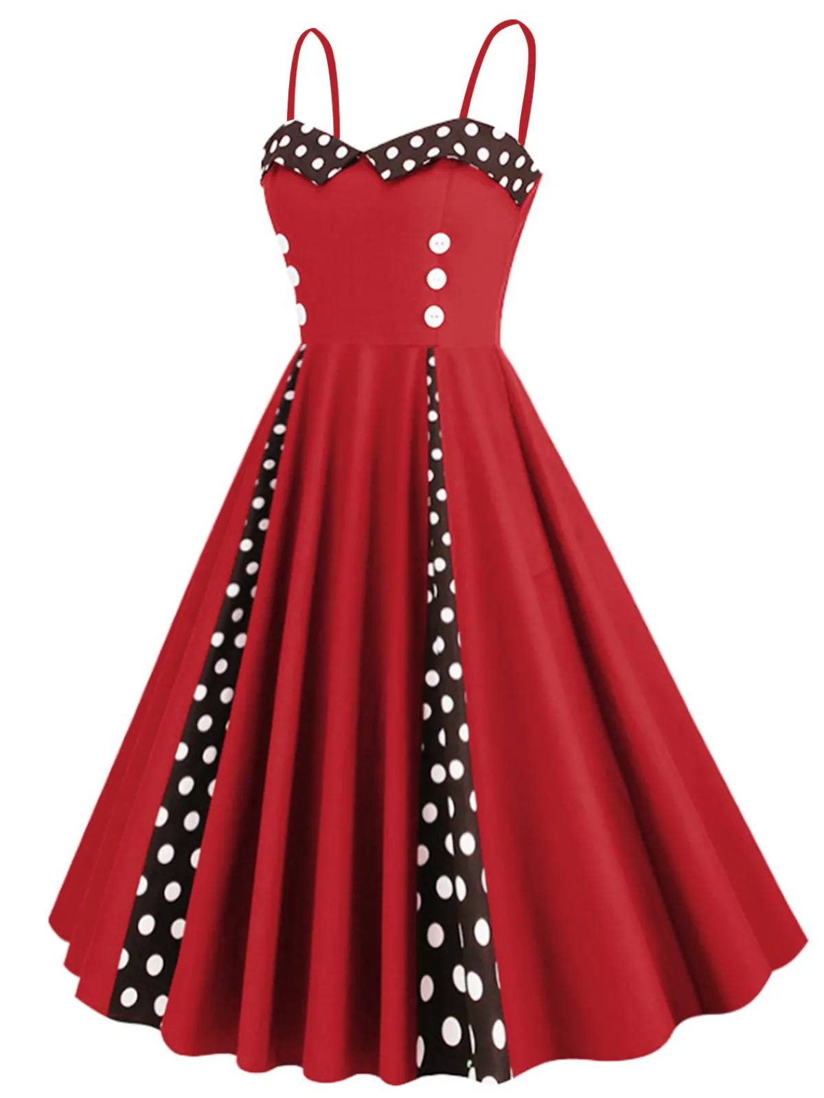 Clearance Retro Stage 1950s Polka Dot Contrast Spaghetti Strap Dress Red