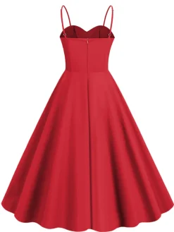 Clearance Retro Stage 1950s Polka Dot Contrast Spaghetti Strap Dress Red