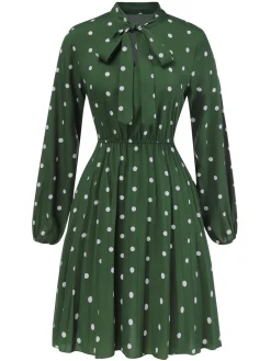 Fashion Retro Stage 1940s Polka Dot Drawstring Pleated Dress