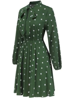 Fashion Retro Stage 1940s Polka Dot Drawstring Pleated Dress