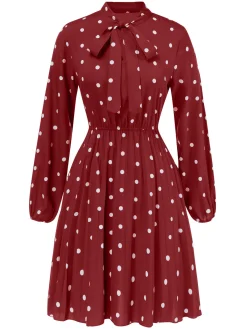 Fashion Retro Stage 1940s Polka Dot Drawstring Pleated Dress