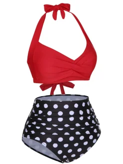 Best Retro Stage 1960s Polka Dot Halter Back Strap Swimsuit Red