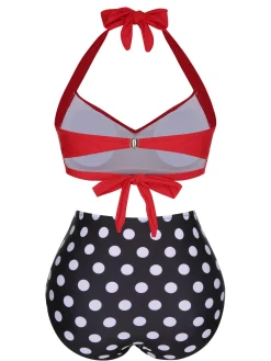 Best Retro Stage 1960s Polka Dot Halter Back Strap Swimsuit Red