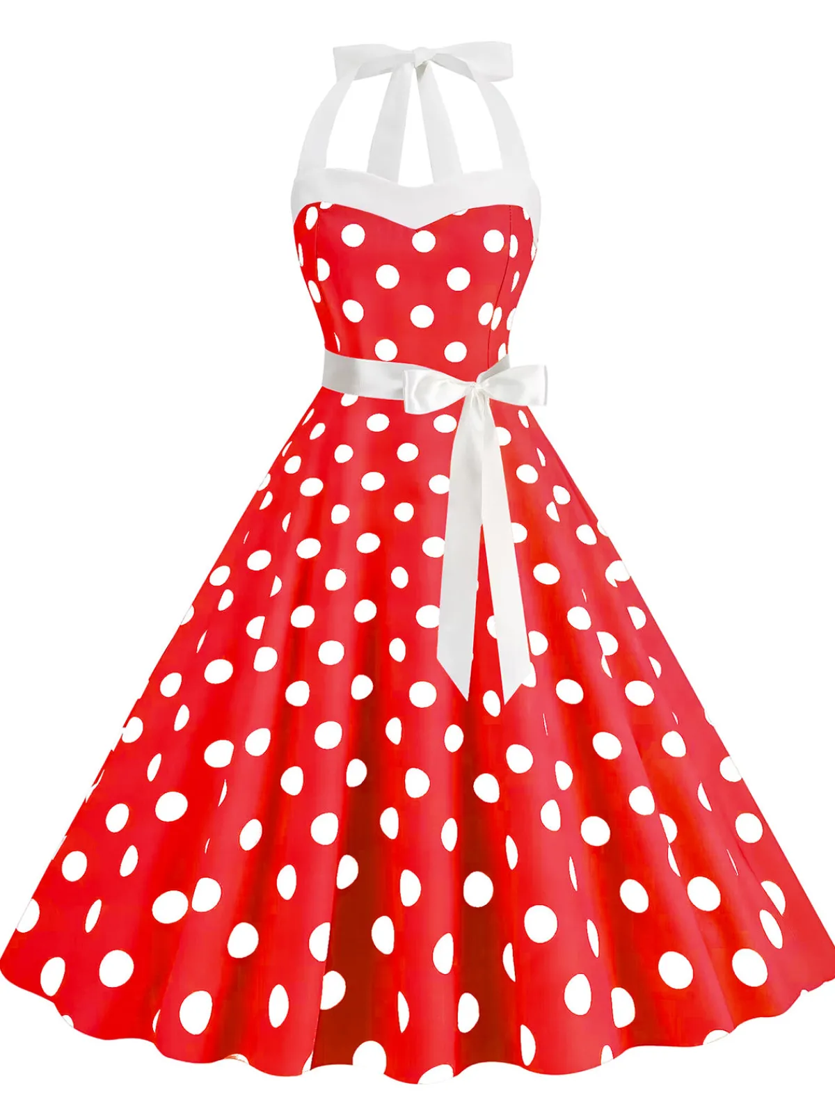 Online Retro Stage 1950s Polka Dot Halter Belt Swing Dress