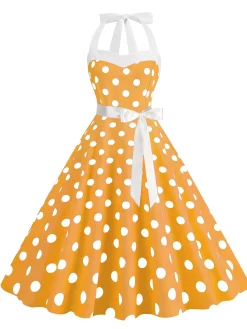Online Retro Stage 1950s Polka Dot Halter Belt Swing Dress