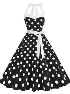 Online Retro Stage 1950s Polka Dot Halter Belt Swing Dress