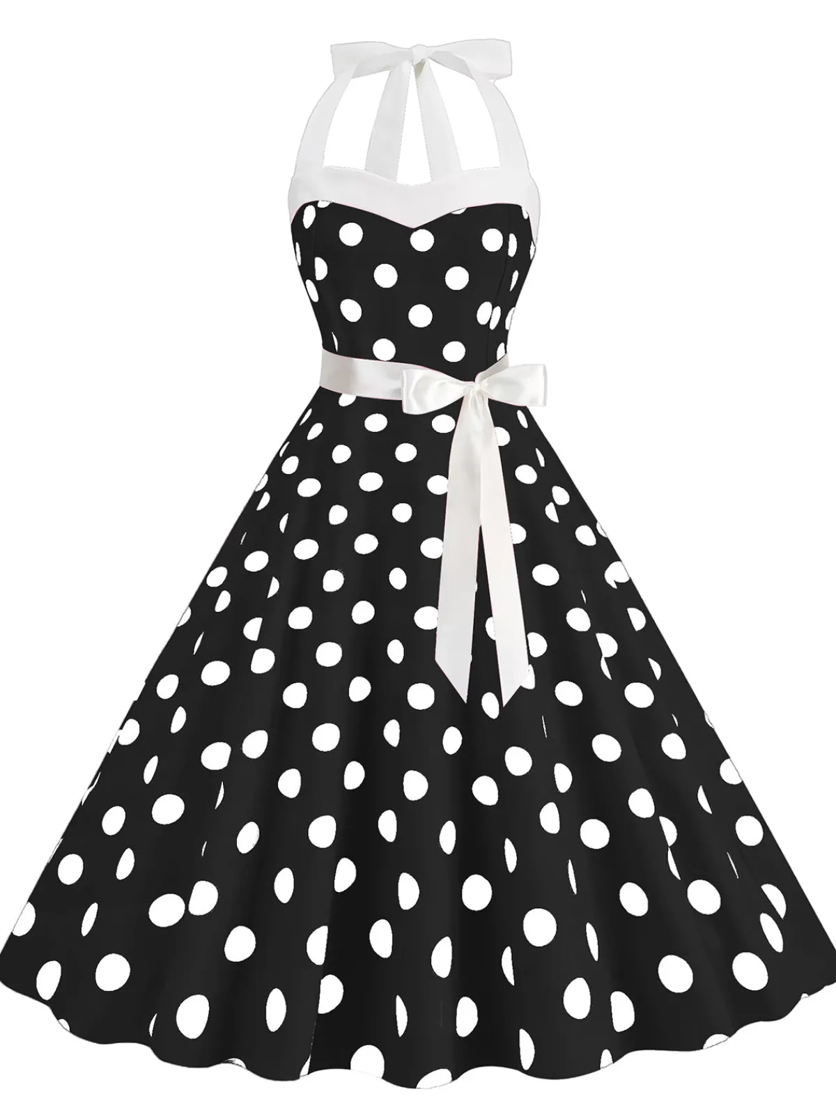 Online Retro Stage 1950s Polka Dot Halter Belt Swing Dress