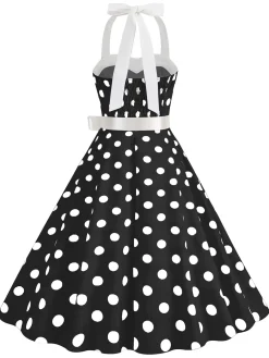Online Retro Stage 1950s Polka Dot Halter Belt Swing Dress