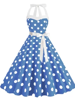 Online Retro Stage 1950s Polka Dot Halter Belt Swing Dress