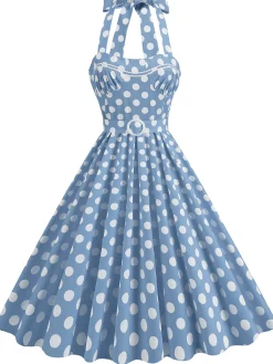 Clearance Retro Stage 1950s Polka Dot Halter Neck Belt Dress