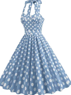 Clearance Retro Stage 1950s Polka Dot Halter Neck Belt Dress