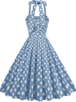 Clearance Retro Stage 1950s Polka Dot Halter Neck Belt Dress