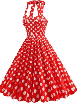 Clearance Retro Stage 1950s Polka Dot Halter Neck Belt Dress