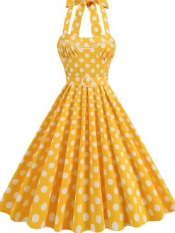 Clearance Retro Stage 1950s Polka Dot Halter Neck Belt Dress