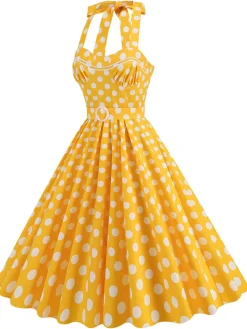 Clearance Retro Stage 1950s Polka Dot Halter Neck Belt Dress