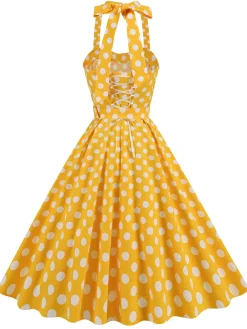 Clearance Retro Stage 1950s Polka Dot Halter Neck Belt Dress