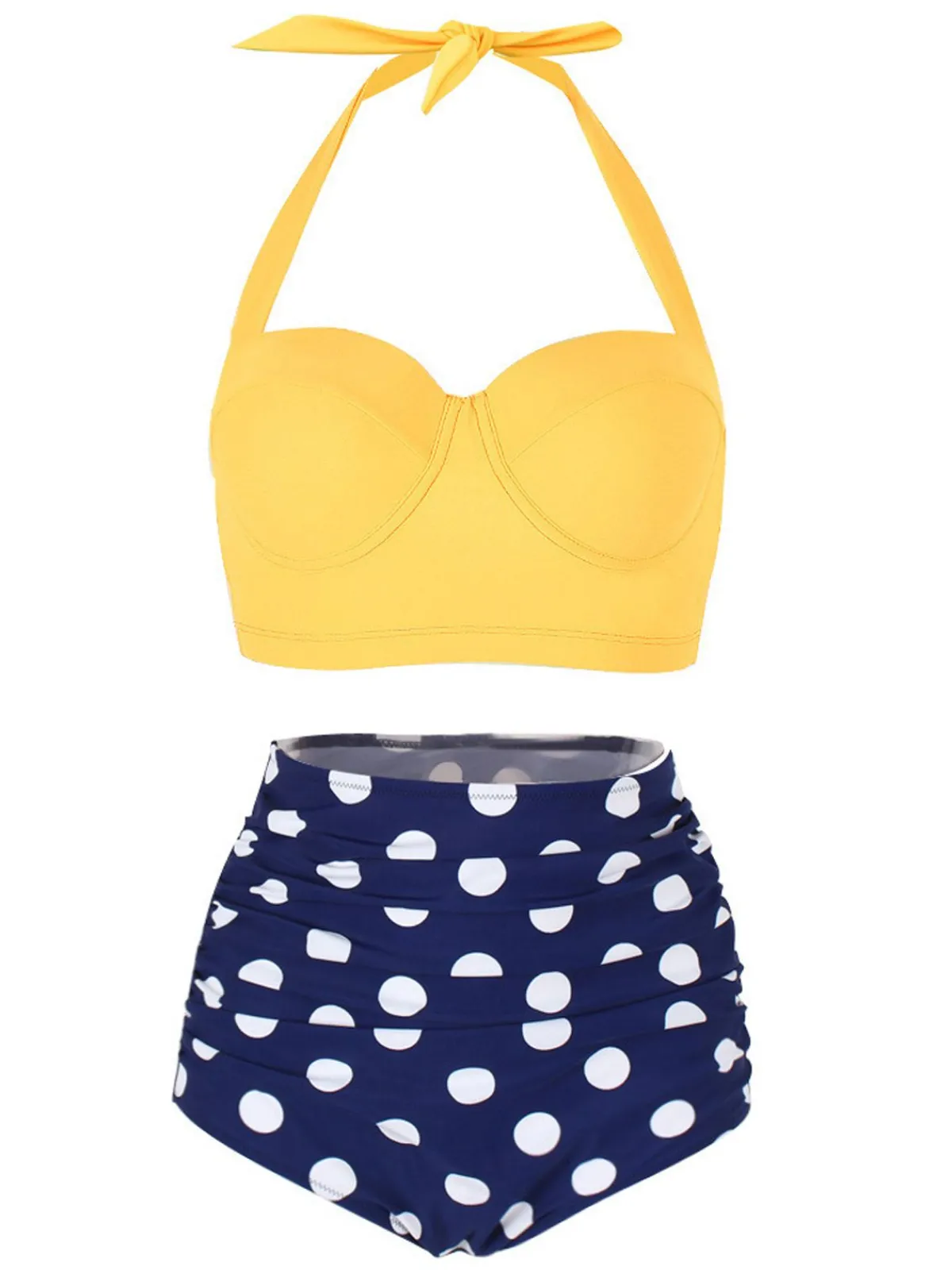 Online Retro Stage 1950s Polka Dot Halter Pleated Bikini