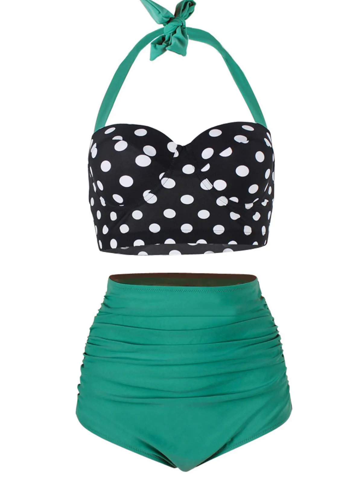 Online Retro Stage 1950s Polka Dot Halter Pleated Bikini