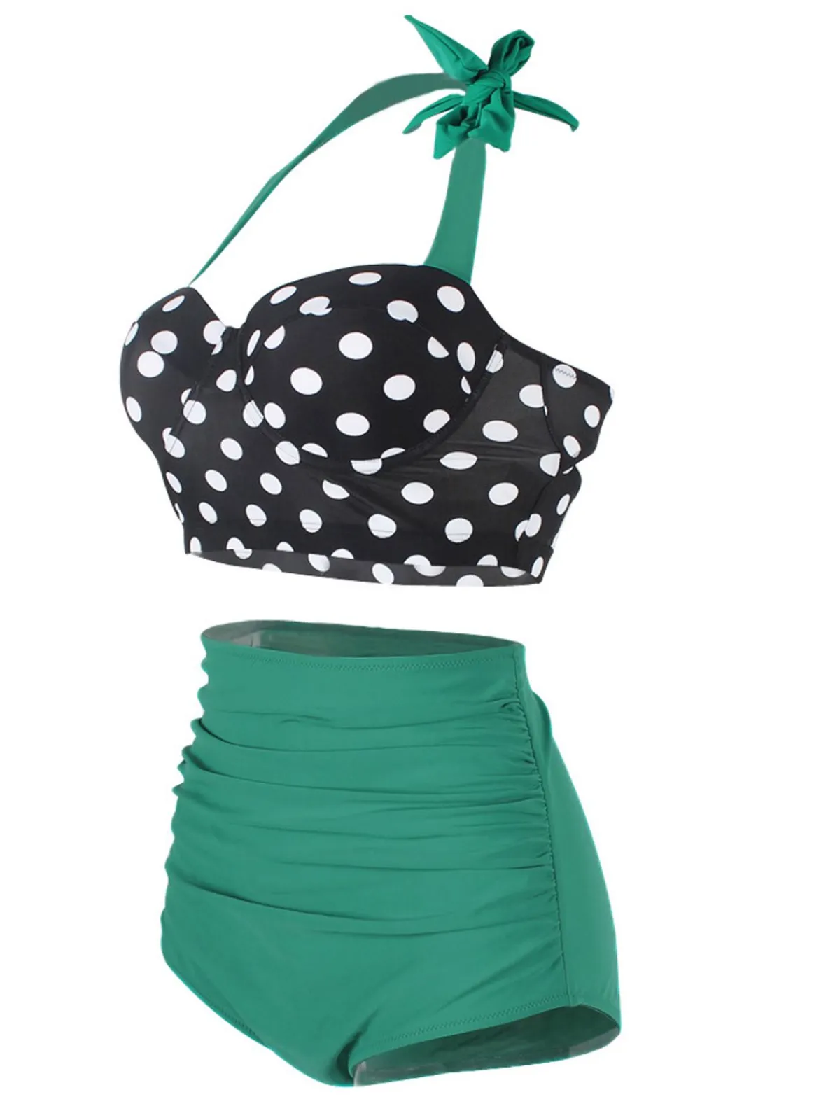 Online Retro Stage 1950s Polka Dot Halter Pleated Bikini