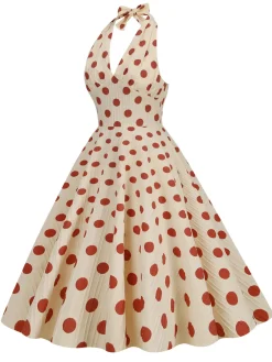 Discount Retro Stage 1950s Polka Dot Halter Swing Dress