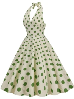Discount Retro Stage 1950s Polka Dot Halter Swing Dress