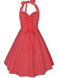 Clearance Retro Stage 1950s Polka Dot Halter Swing Dress Red