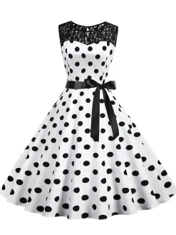 Clearance Retro Stage 1950s Polka Dot Lace Patchwork Dress White