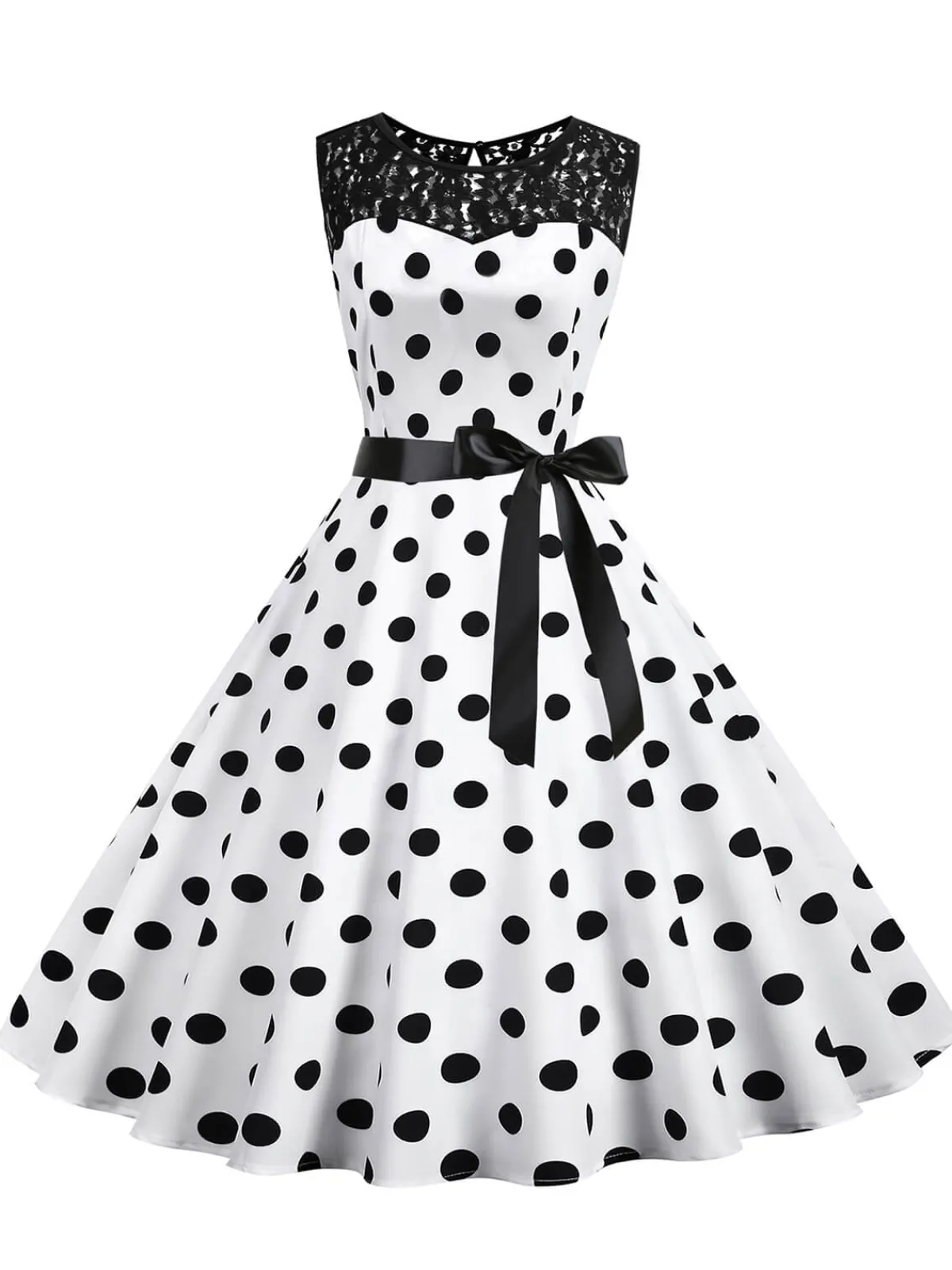 Clearance Retro Stage 1950s Polka Dot Lace Patchwork Dress White