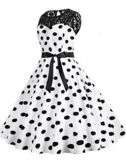 Clearance Retro Stage 1950s Polka Dot Lace Patchwork Dress White