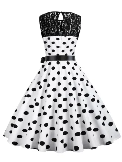 Clearance Retro Stage 1950s Polka Dot Lace Patchwork Dress White