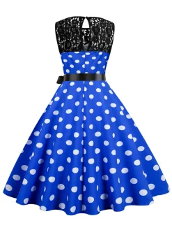 Fashion Retro Stage 1950s Polka Dot Lace Patchwork Dress