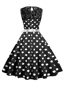 Fashion Retro Stage 1950s Polka Dot Lace Patchwork Dress