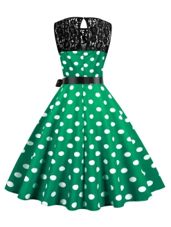 Fashion Retro Stage 1950s Polka Dot Lace Patchwork Dress