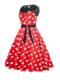 Fashion Retro Stage 1950s Polka Dot Lace Patchwork Dress