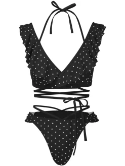 Discount Retro Stage 1970s Polka Dot Lace-Up Ruffled Bikini Set