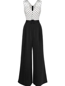 Best Retro Stage 1930s Polka Dot Patchwork Belt Jumpsuit Black
