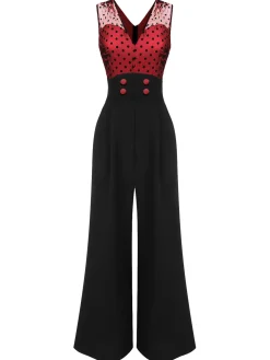Clearance Retro Stage 1930s Polka Dot Patchwork Button Jumpsuit