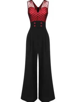 Clearance Retro Stage 1930s Polka Dot Patchwork Button Jumpsuit
