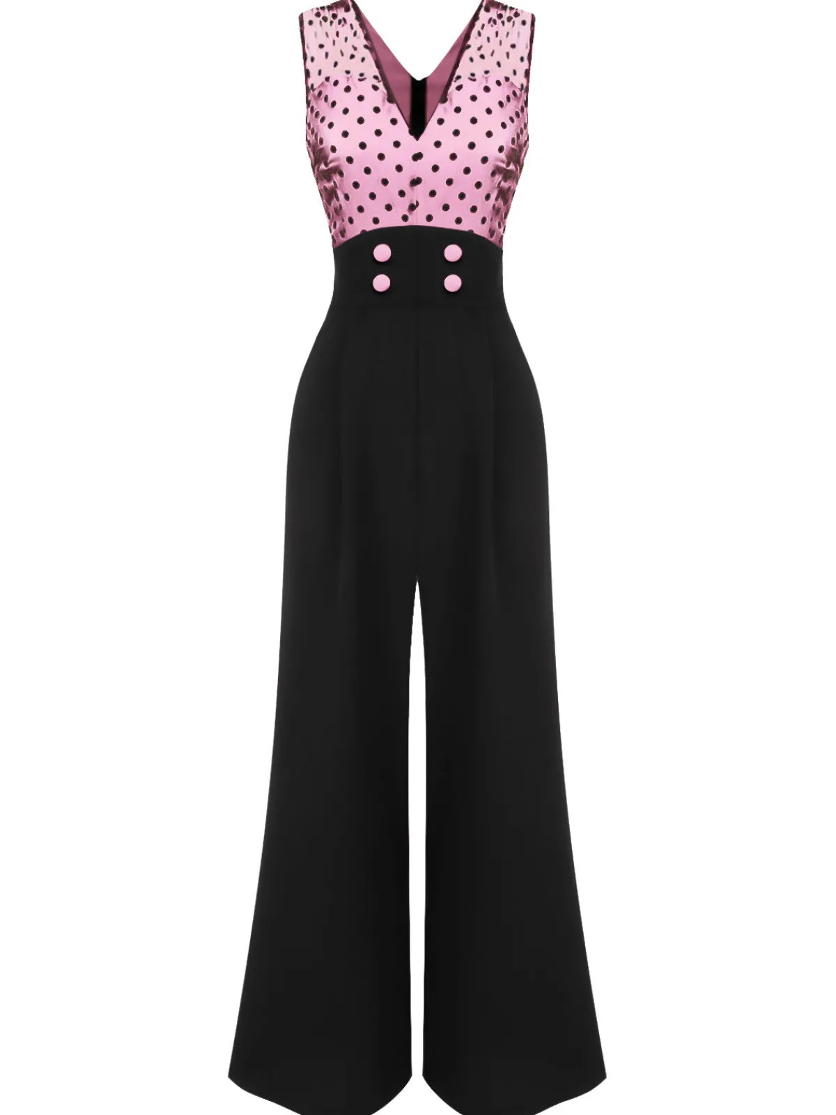 Clearance Retro Stage 1930s Polka Dot Patchwork Button Jumpsuit