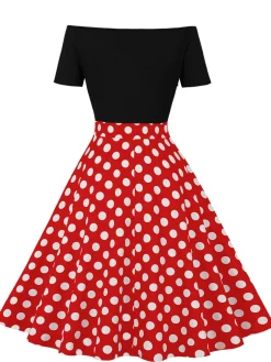 Sale Retro Stage 1950s Polka Dot Patchwork Short Sleeves Dress