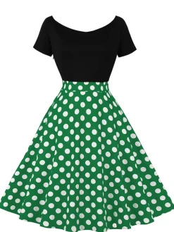 Sale Retro Stage 1950s Polka Dot Patchwork Short Sleeves Dress