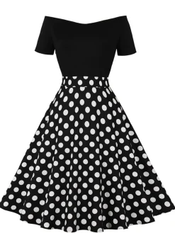 Clearance Retro Stage 1950s Polka Dot Patchwork Short Sleeves Dress