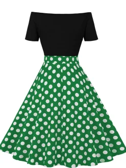 Clearance Retro Stage 1950s Polka Dot Patchwork Short Sleeves Dress