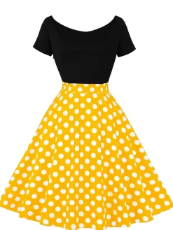 Clearance Retro Stage 1950s Polka Dot Patchwork Short Sleeves Dress