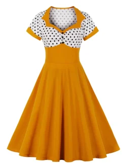 Hot Retro Stage 1950s Polka Dot Patchwork Swing Dress