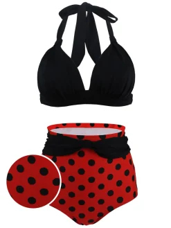 Discount Retro Stage 1950s Polka Dot Pleated Halter Bikini