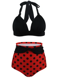 Discount Retro Stage 1950s Polka Dot Pleated Halter Bikini