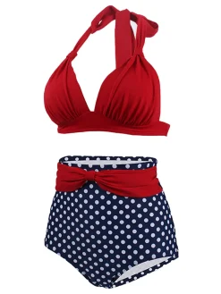Discount Retro Stage 1950s Polka Dot Pleated Halter Bikini